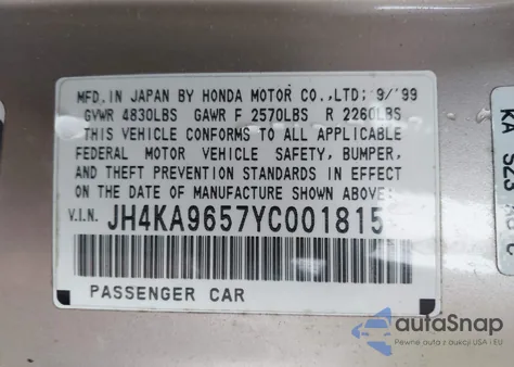 2000 Acura Rl 3.5 из США, поврежденный, VIN JH4KA9657YC001815